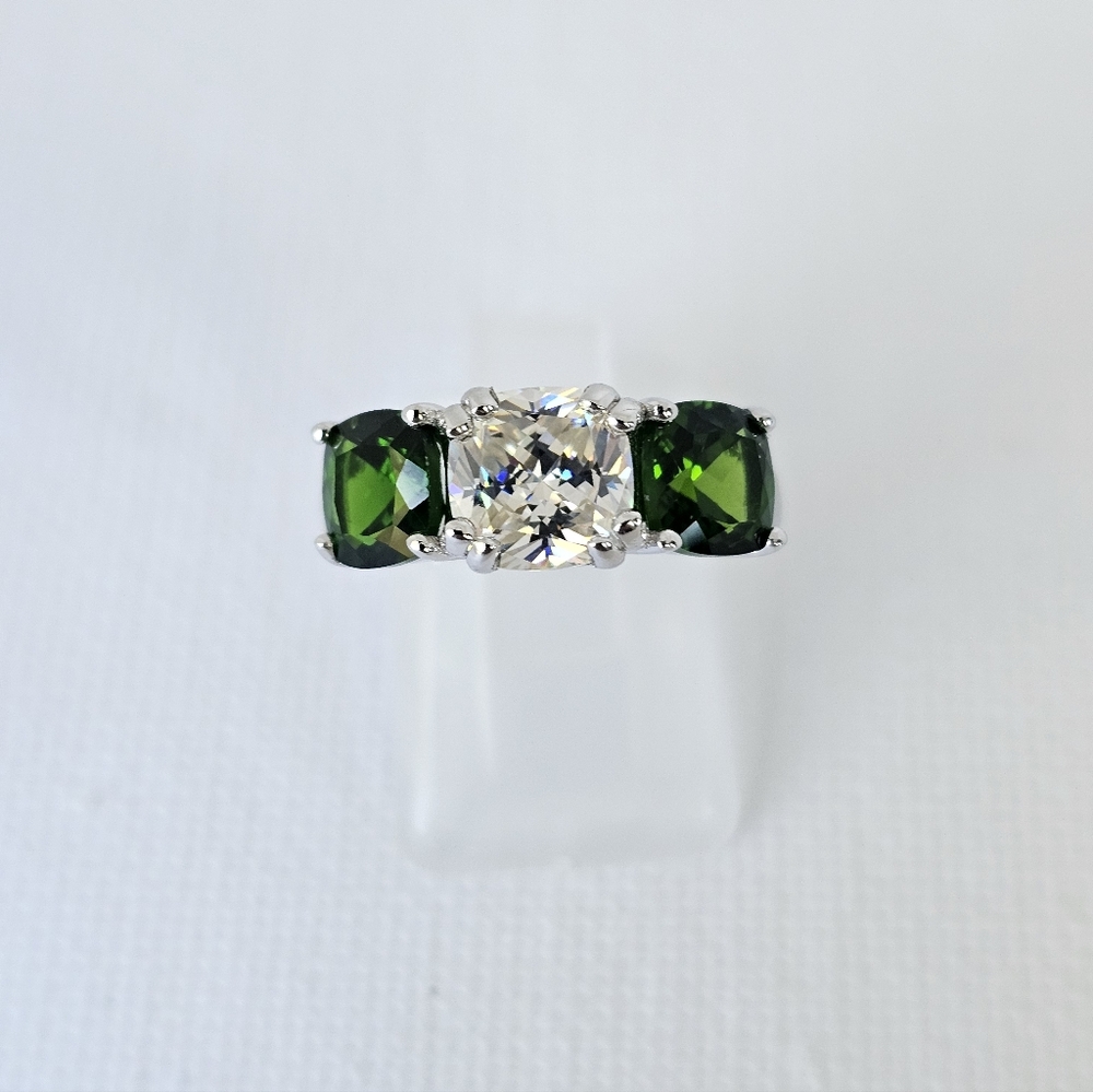 Three-Stone Green and White Gemstone Ring